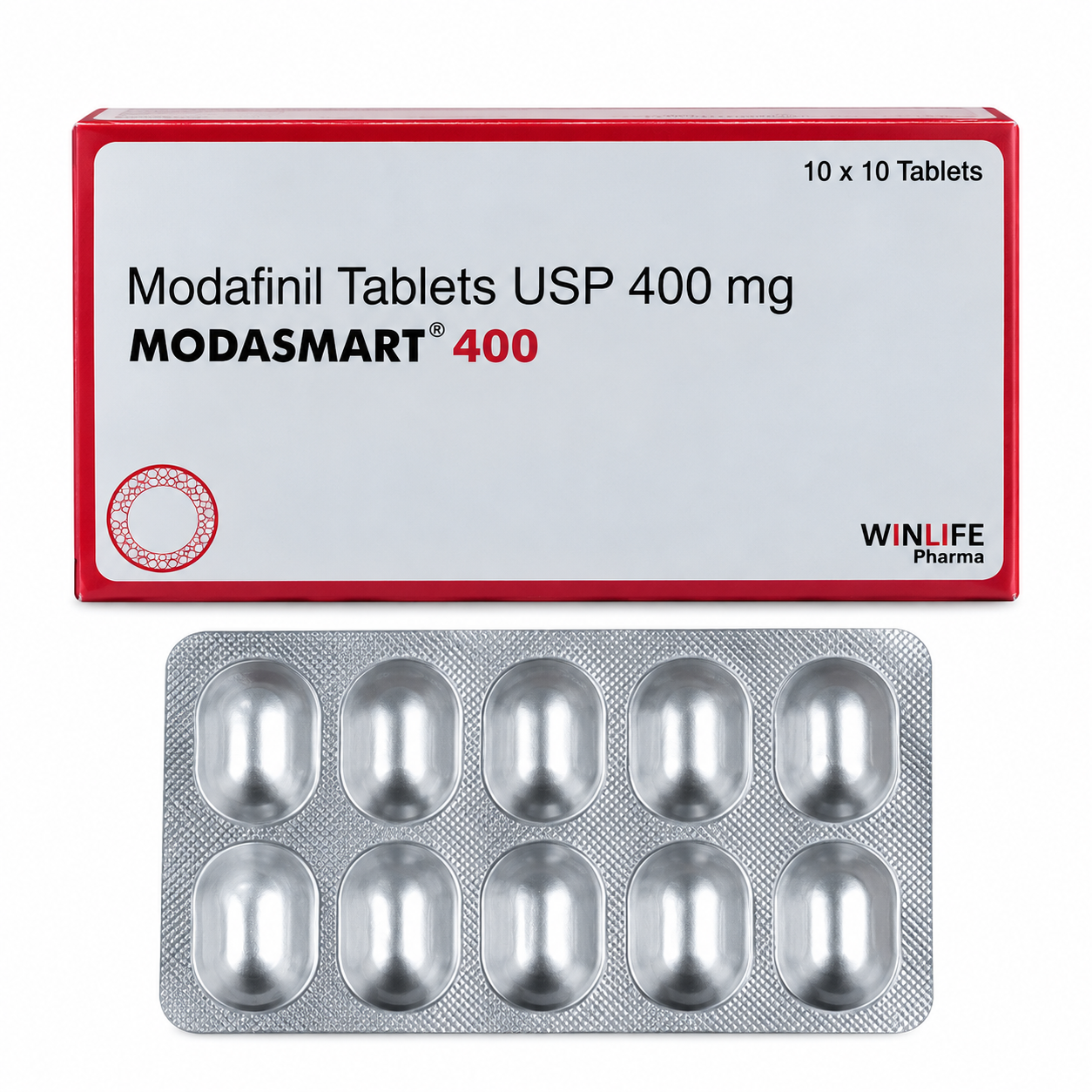 Modafinil Tablets Box and Blister Pack Modasmart 400 mg Tablet - Image 1