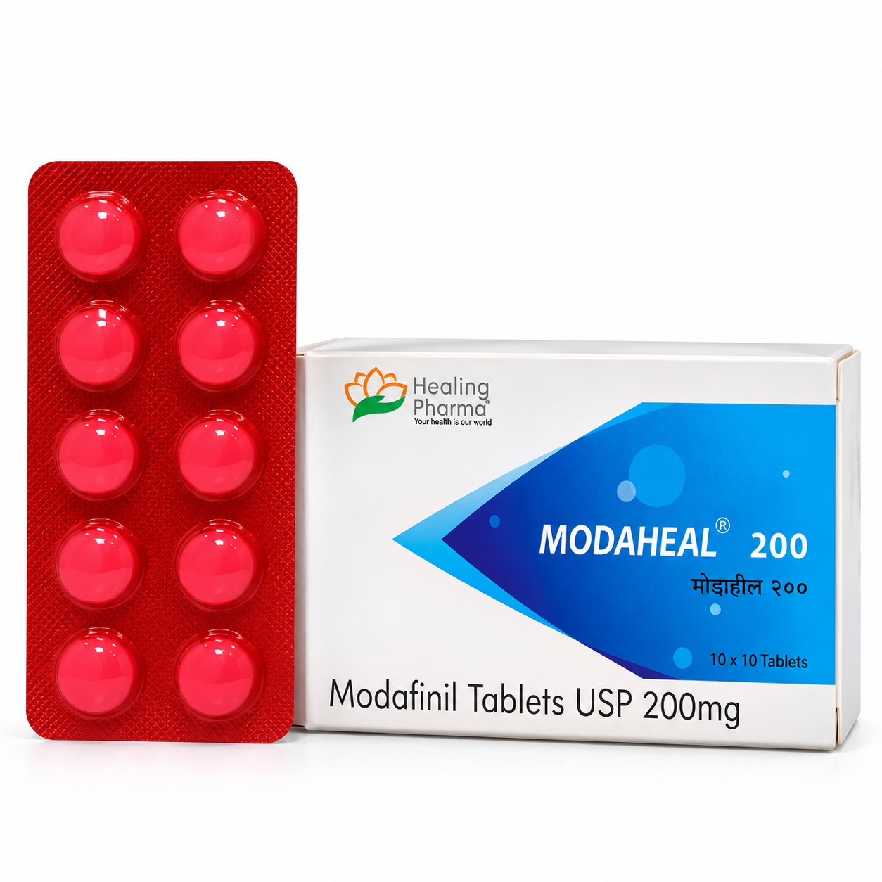 Modafinil Tablets and Red Blister Pack Modaheal 200mg Tablet - Image 1